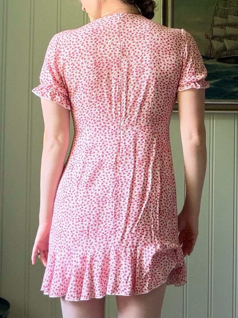 Floral Mini Dress V-Neck Empire Waist Ruffle Hem Sundress - XS Fit - Picture 4 of 11